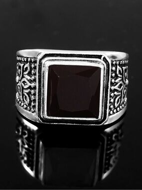Men's Square Garnet-Style 925 Silver Statement Ring